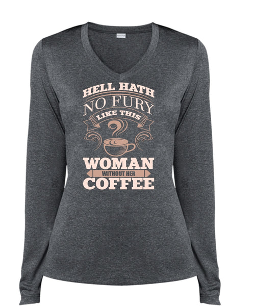 Woman Without Her Coffee T Shirt, My Favorite T Shirt, Cool Shirt (Ladies LS Heather V-Neck)