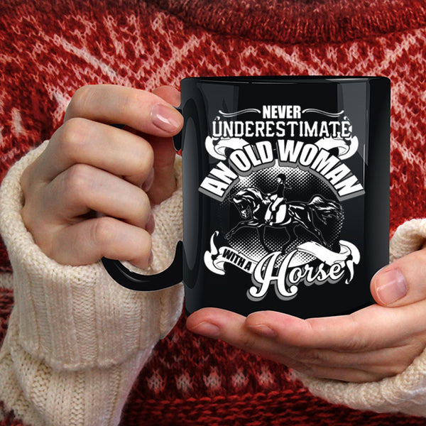 An Old Woman With A Horse Coffee Mug, Cool Old Equestrian Coffee Cup