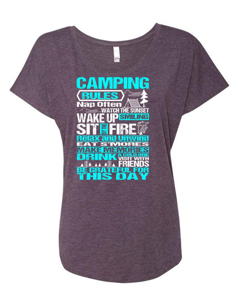 Camping Rules Nap Often T Shirt, Wake Up Smiling T Shirt, Cool Shirt (Ladies' Triblend Dolman Sleeve)