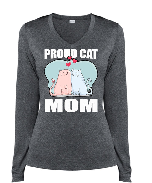 Proud Cat Mom T Shirt, My Favorite T Shirt, Cool Shirt (Ladies LS Heather V-Neck)