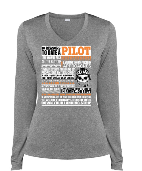 10 Reasons To Date A Pilot T Shirt, Down Your Landing Strip T Shirt, Cool Shirt (Ladies LS Heather V-Neck)