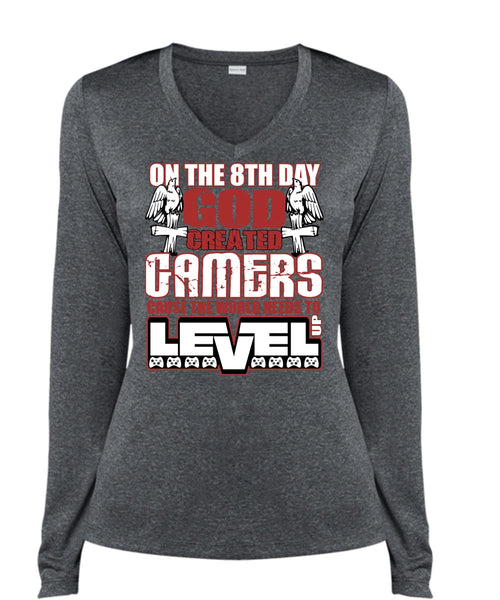 God Created Gamers T Shirt, The World Needs To Level Up T Shirt, Cool Shirt (Ladies LS Heather V-Neck)