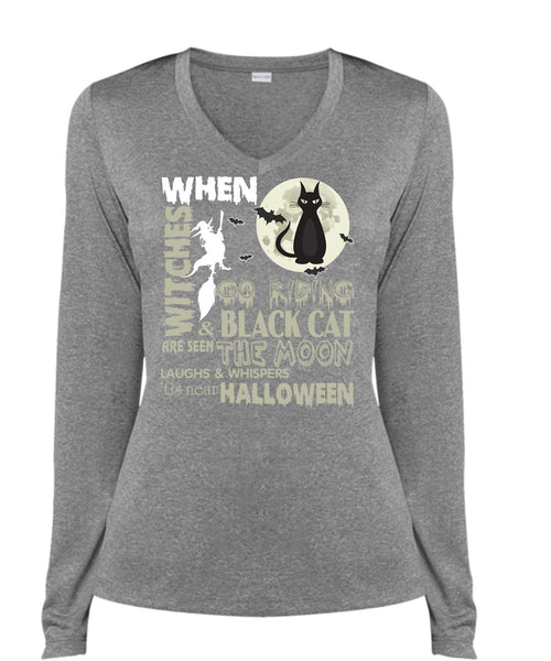 Go Riding And Black Cat Are Seen The Moon T Shirt, Tis Near Halloween T Shirt, Cool Shirt (Ladies LS Heather V-Neck)
