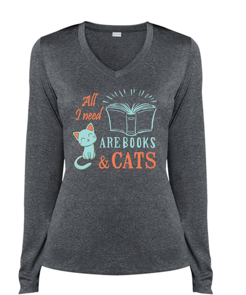 All I Need Are Books And Cats T Shirt, Favorite T Shirt, My Life T Shirt (Ladies LS Heather V-Neck)