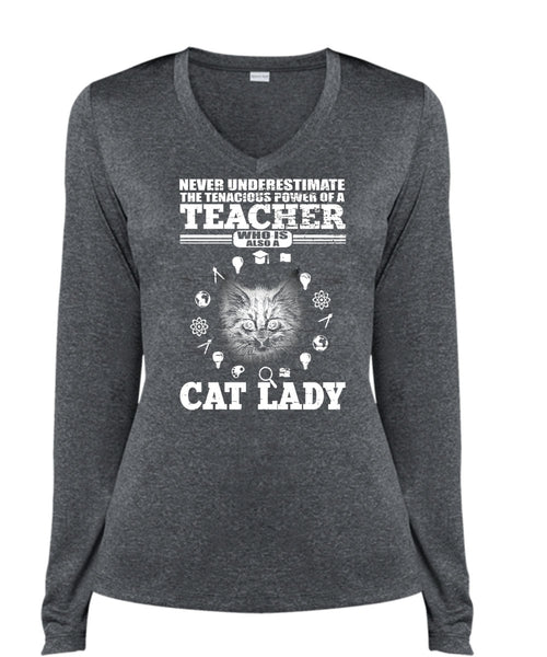 Power Of A Teacher T Shirt, Cat Lady T Shirt, Cool Shirt (Ladies LS Heather V-Neck)