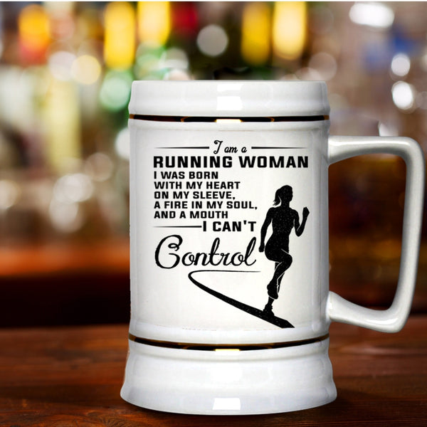 I Was Born With My Heart On My Sleeve Beer Stein 22oz, I Am A Running Woman Beer Mug