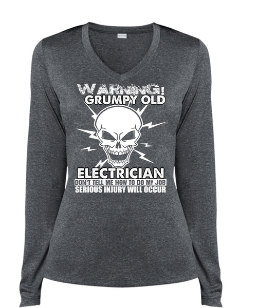 Grumpy Old Electrician T Shirt, Being An Electrician T Shirt, Cool Shirt (Ladies LS Heather V-Neck)