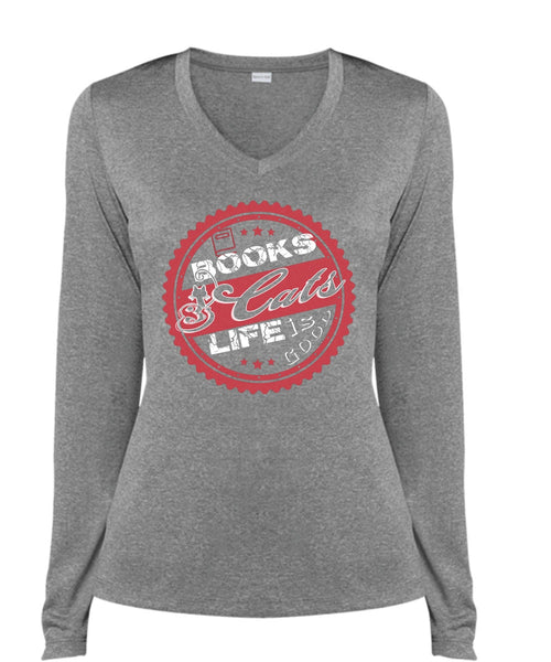 Book Cats Life Is Good T Shirt, My Life T Shirt, I Love Cats T Shirt (Ladies LS Heather V-Neck)