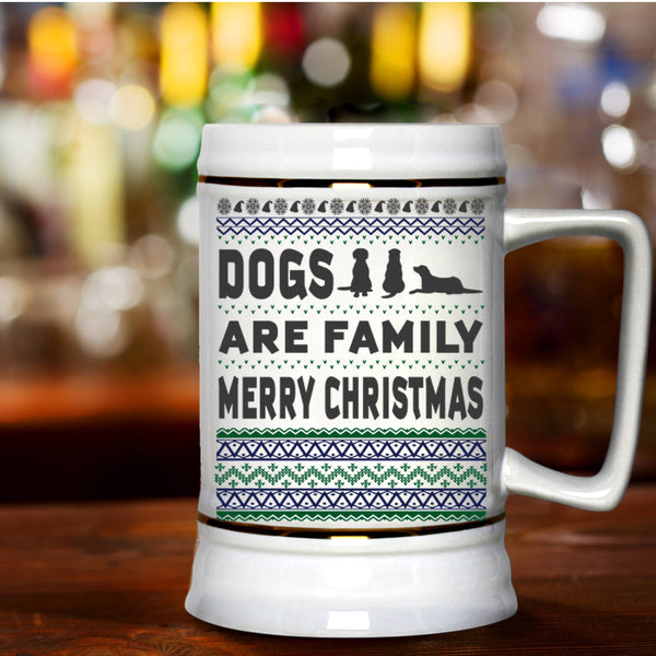 Merry Christmas Beer Stein 22oz, Dogs Are Family Beer Mug