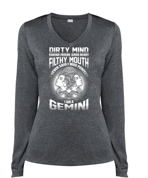 I Am A Gemini T Shirt, Dirty Mind T Shirt, Cool Shirt (Ladies LS Heather V-Neck)