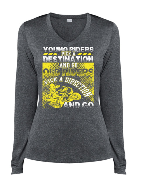 Go Old Riders Pick A Direction T Shirt, Being A Biker T Shirt, Cool Shirt (Ladies LS Heather V-Neck)