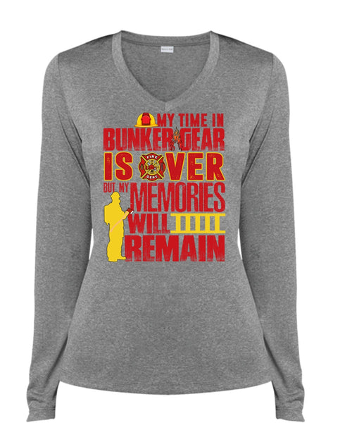 My Time In Bunker Gear Is Over T Shirt, Being A Firefighter T Shirt, Cool Shirt (Ladies LS Heather V-Neck)