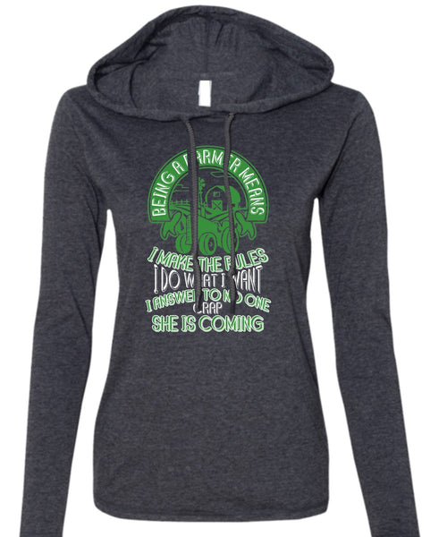 Being A Farmer Means T Shirt, I Answer To No One Crap T Shirt (Anvil Ladies Ringspun Hooded)
