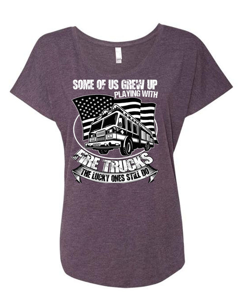 Playing With Fire Trucks T Shirt, I Love Firefighter T Shirt, Cool Shirt (Ladies' Triblend Dolman Sleeve)