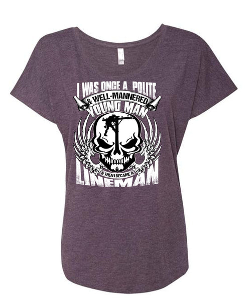 I Became A Lineman T Shirt, Young Man T Shirt, Cool Shirt (Ladies' Triblend Dolman Sleeve)