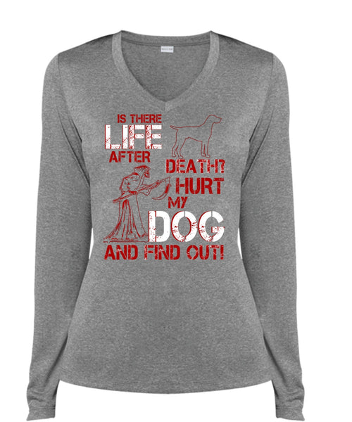 Hurt My Dog And Find Out T Shirt, Is There After Death T Shirt, Cool Shirt (Ladies LS Heather V-Neck)