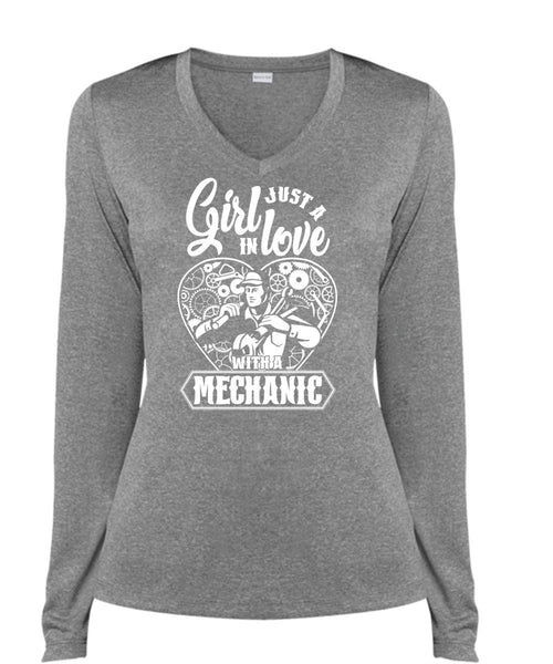 Just A Girl In Love With A Mechanic T Shirt, Being A Mechanic T Shirt, Cool Shirt (Ladies LS Heather V-Neck)