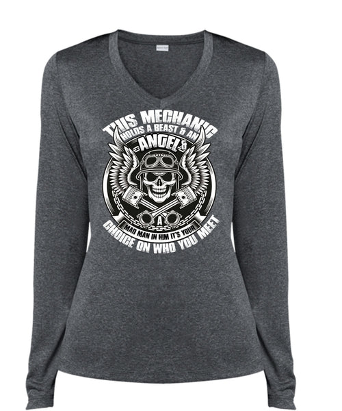 This Mechanic Holds A Beast T Shirt, You Meet T Shirt, Cool Shirt (Ladies LS Heather V-Neck)