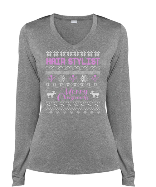 Hair Stylist Merry Christmas T Shirt, Being A Hair Stylist T Shirt, Cool Shirt (Ladies LS Heather V-Neck)