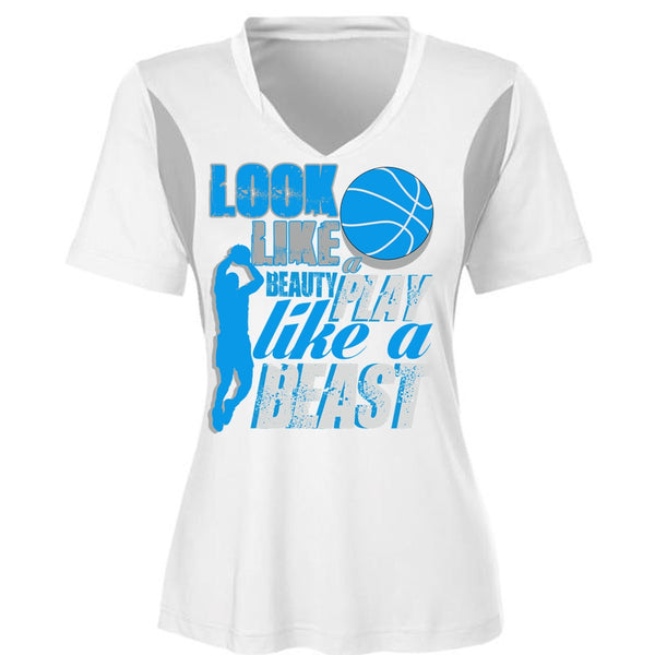 Look Like A Beauty Play Like A Beast T Shirt, Being A Basketball Mom T Shirt, Cool Shirt (Ladies LS Heather V-Neck)