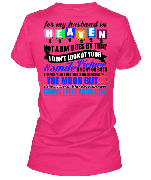 For My Husband In Heaven T Shirt, Smile Picture T Shirt, Cool Shirt (Ladies LS Heather V-Neck)