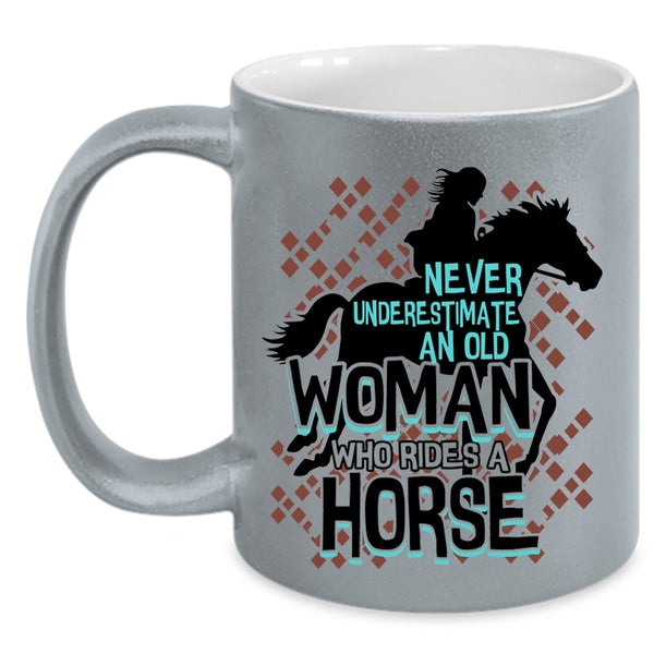 Cute Old Equestrian Coffee Mug, An Old Woman Rides A Horse Accent Mug