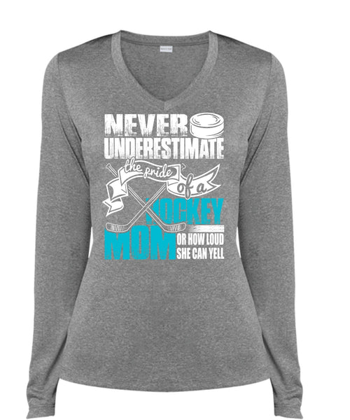 The Pride Of A Hockey Mom T Shirt, She Can Yell T Shirt, Cool Shirt (Ladies LS Heather V-Neck)