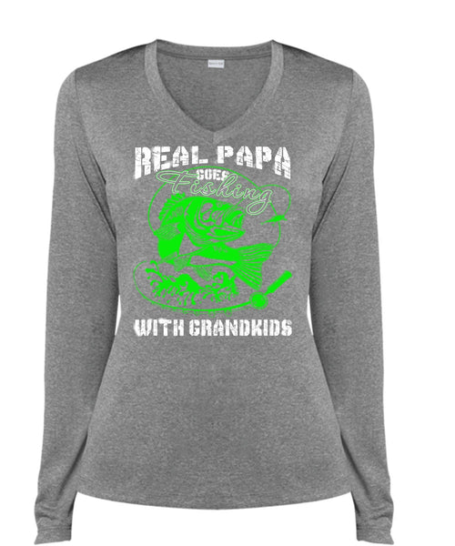 Real Papa Goes Fishing With Grandkids T Shirt, I Love Fishing T Shirt, Cool Shirt (Ladies LS Heather V-Neck)