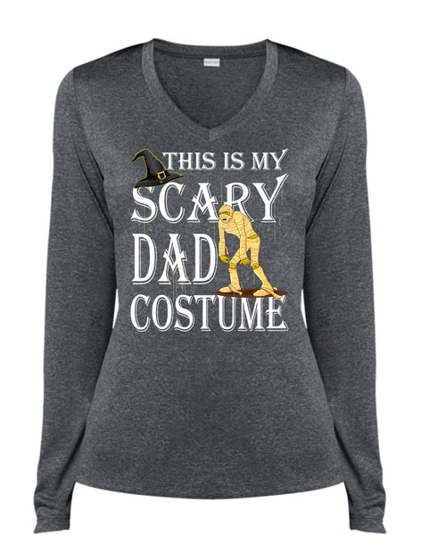 This Is My Scary Dad Costume T Shirt, Funny Halloween T Shirt, Cool Shirt (Ladies LS Heather V-Neck)