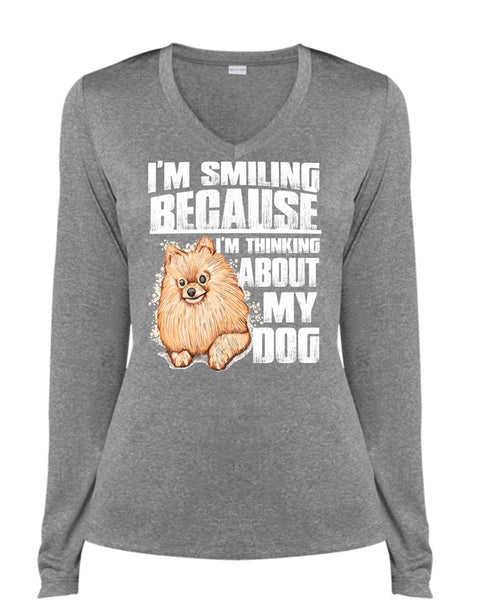 I'm Thinking About My Dog T Shirt, I'm Smiling T Shirt, Cool Shirt (Ladies LS Heather V-Neck)