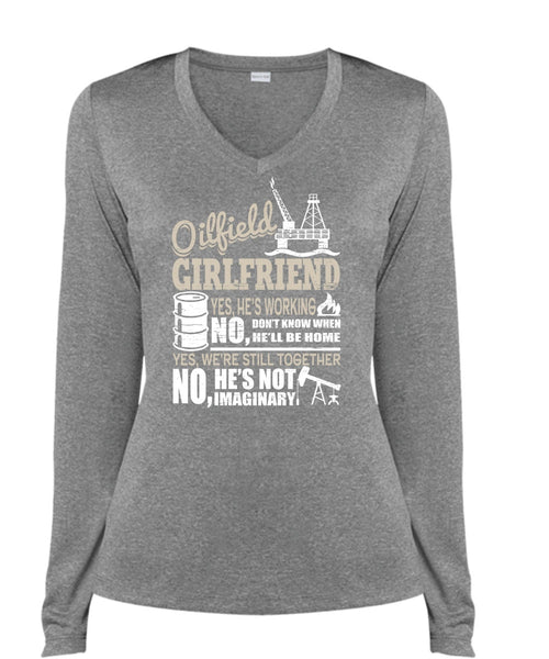 Oilfield Girlfriend T Shirt, I Love Oilfield T Shirt, Cool Shirt (Ladies LS Heather V-Neck)