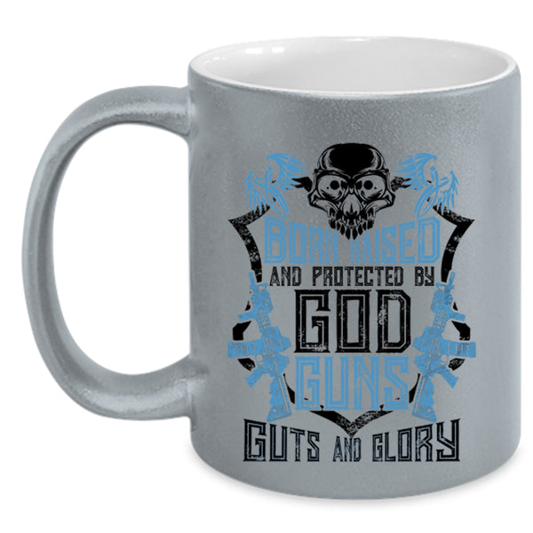 Cool Gunner Coffee Mug, Born Raised And Protected By God Guns Accent Mug