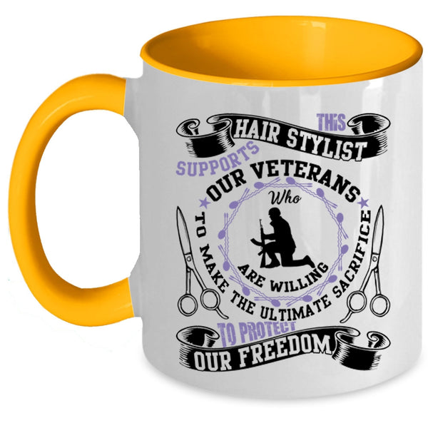 Cool Hair Stylist Coffee Mug, This Hair Stylist Supports Our Veterans Accent Mug