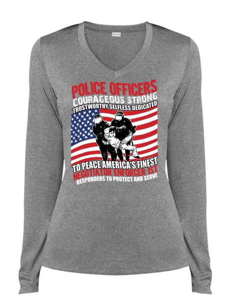 Police Officers Courageous Strong T Shirt, Being A Police T Shirt, Cool Shirt (Ladies LS Heather V-Neck)