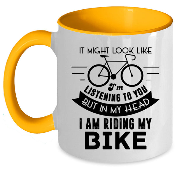 Cool Biker Coffee Mug, In My Head I Am Riding My Bike Accent Mug