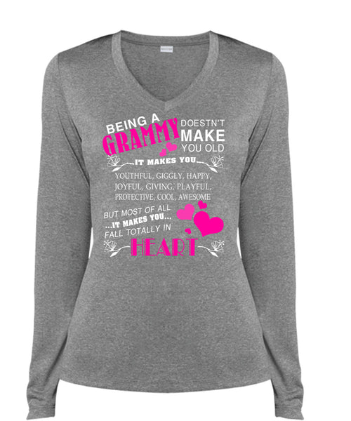 Being A Grammy T Shirt, It Makes You Fall Totally In Heart T Shirt, Cool Shirt (Ladies LS Heather V-Neck)