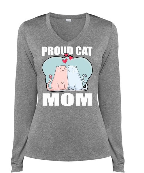 Proud Cat Mom T Shirt, My Favorite T Shirt, Cool Shirt (Ladies LS Heather V-Neck)