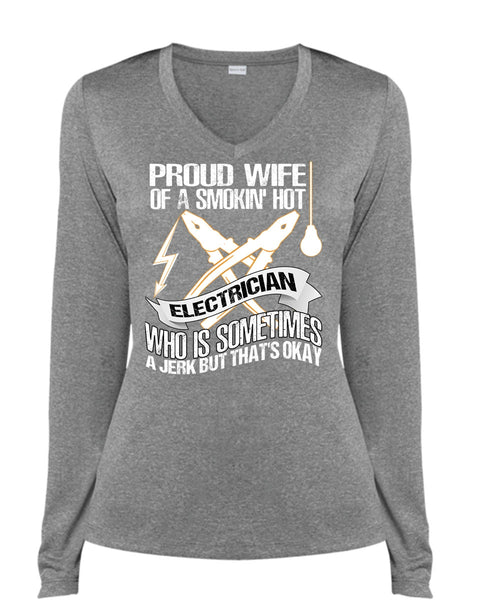 Proud Wife T Shirt, Smoking Hot Electrician T Shirt, Cool Shirt (Ladies LS Heather V-Neck)
