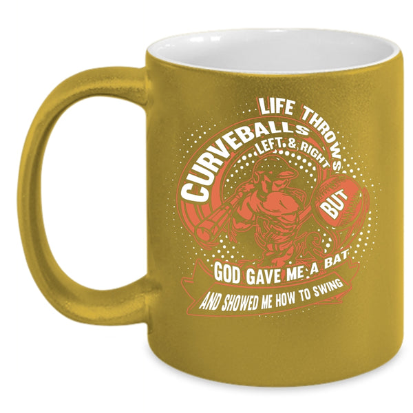 Life Throws Curveballs Left And Right Coffee Mug, Funny Baseball Player Coffee Cup