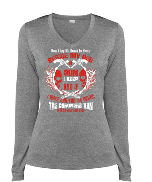 Beside My Bed A Gun T Shirt, Being A Gunner T Shirt, Cool Shirt (Ladies LS Heather V-Neck)