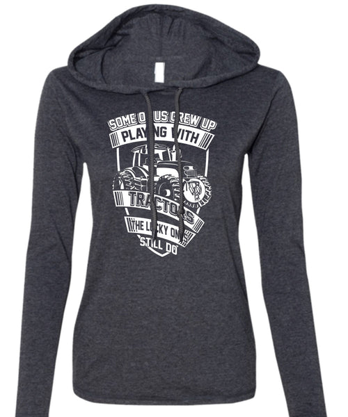 Playing With Tractors T Shirt, Being A Trucker T Shirt (Anvil Ladies Ringspun Hooded)