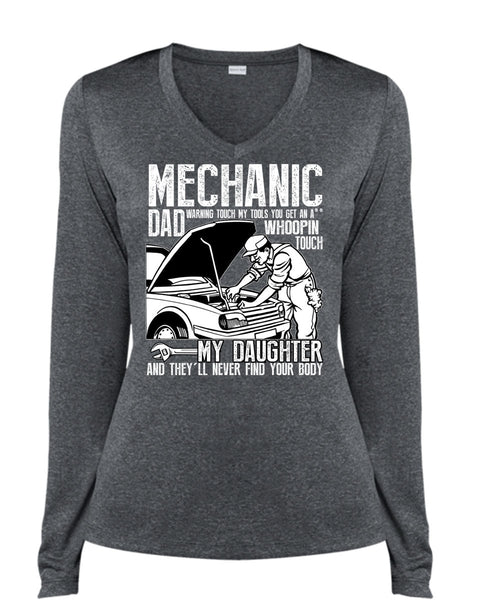 Mechanic Dad T Shirt, My Daughter T Shirt, Cool Shirt (Ladies LS Heather V-Neck)