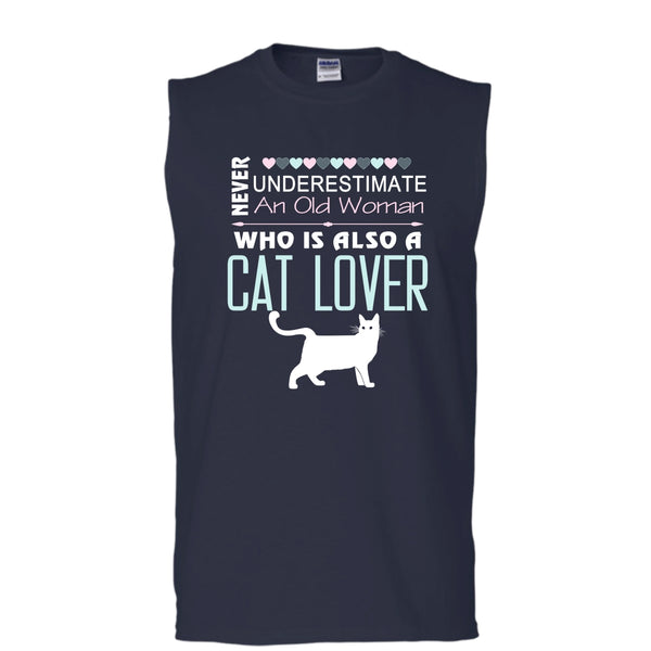 Never Underestimate An Old Woman Shirt, Who Is Also A Cat Lover Shirt (Men's Cotton Sleeveless)