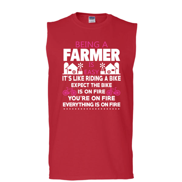 Being A Farmer Is Easy T Shirt, It's Like Riding A Bike T Shirt, Cool T Shirt (Men's Cotton Sleeveless)