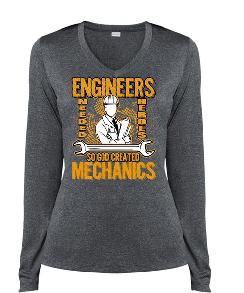 God Created Mechanics T Shirt, I Love Mechanic T Shirt, Cool Shirt (Ladies LS Heather V-Neck)