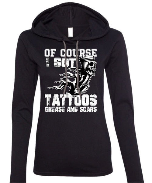 I Got Tattoos Grease T Shirt, I Love Mechanic T Shirt (Anvil Ladies Ringspun Hooded)