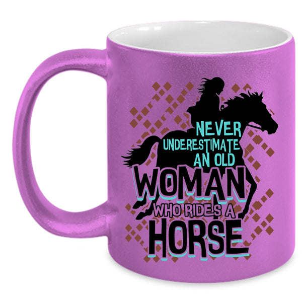 Cute Old Equestrian Coffee Mug, An Old Woman Rides A Horse Accent Mug