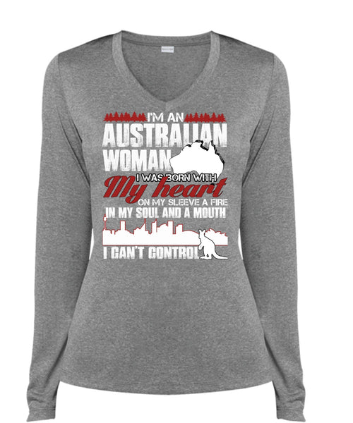 I'm An Australian Woman T Shirt, I Can't Control T Shirt, Cool Shirt (Ladies LS Heather V-Neck)