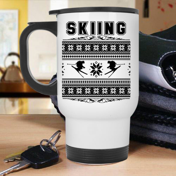 Funny Ugly Christmas Travel Mug, Skiing Mug
