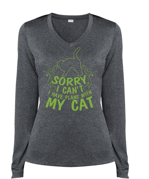 I Have Plans With My Cat T Shirt, I Love Cat T Shirt, Cool Shirt (Ladies LS Heather V-Neck)
